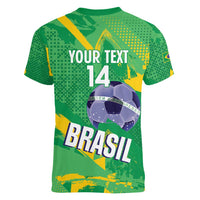 Custom Brazil Football Women V-Neck T-Shirt Vamos Selecao Brushes Style - Wonder Print Shop