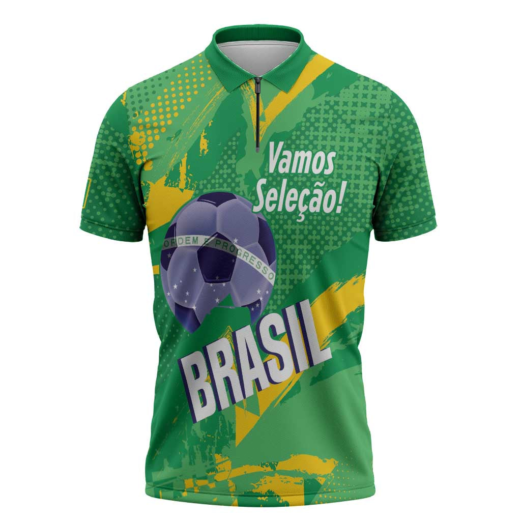 Custom Brazil Football Zipper Polo Shirt Vamos Selecao Brushes Style - Wonder Print Shop