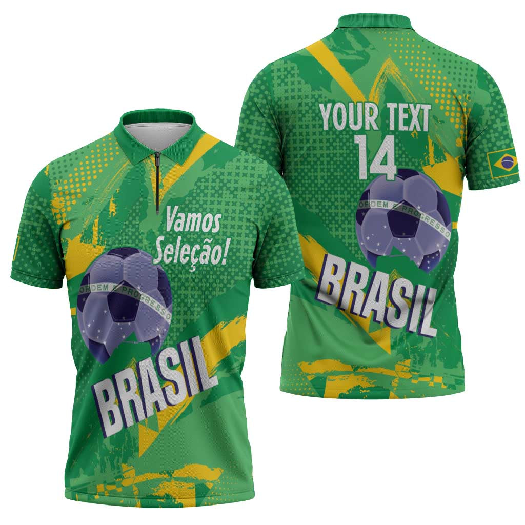 Custom Brazil Football Zipper Polo Shirt Vamos Selecao Brushes Style - Wonder Print Shop