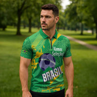 Custom Brazil Football Zipper Polo Shirt Vamos Selecao Brushes Style - Wonder Print Shop