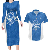 Greece Basketball Custom Couples Matching Long Sleeve Bodycon Dress and Hawaiian Shirt Go Hellas Blue Version - Wonder Print Shop