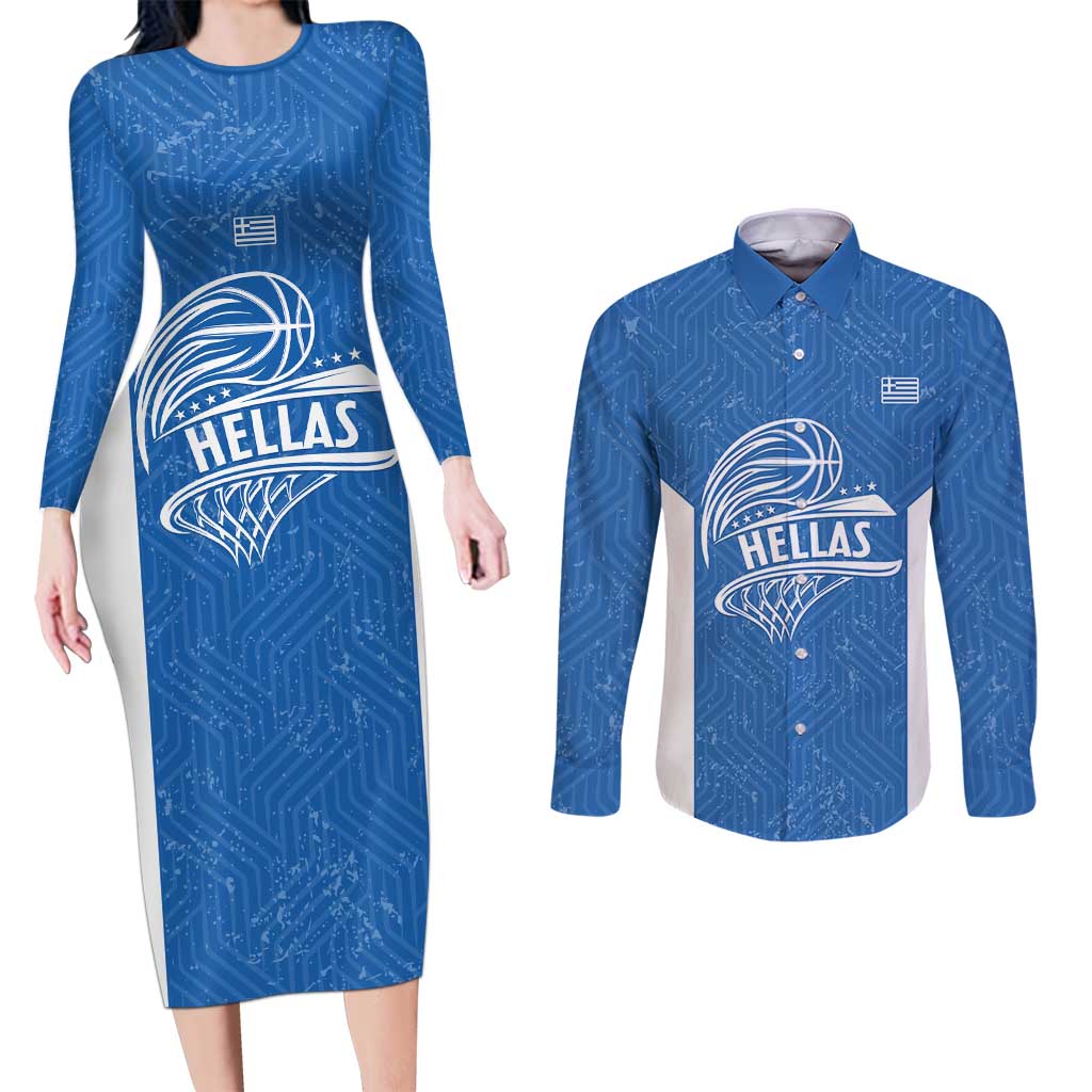 Greece Basketball Custom Couples Matching Long Sleeve Bodycon Dress and Long Sleeve Button Shirt Go Hellas Blue Version - Wonder Print Shop