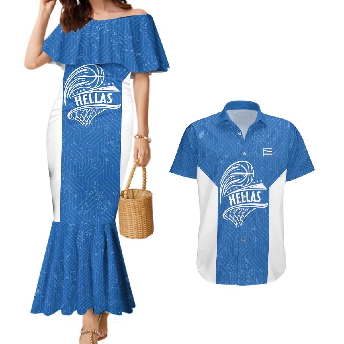 Greece Basketball Custom Couples Matching Mermaid Dress and Hawaiian Shirt Go Hellas Blue Version - Wonder Print Shop