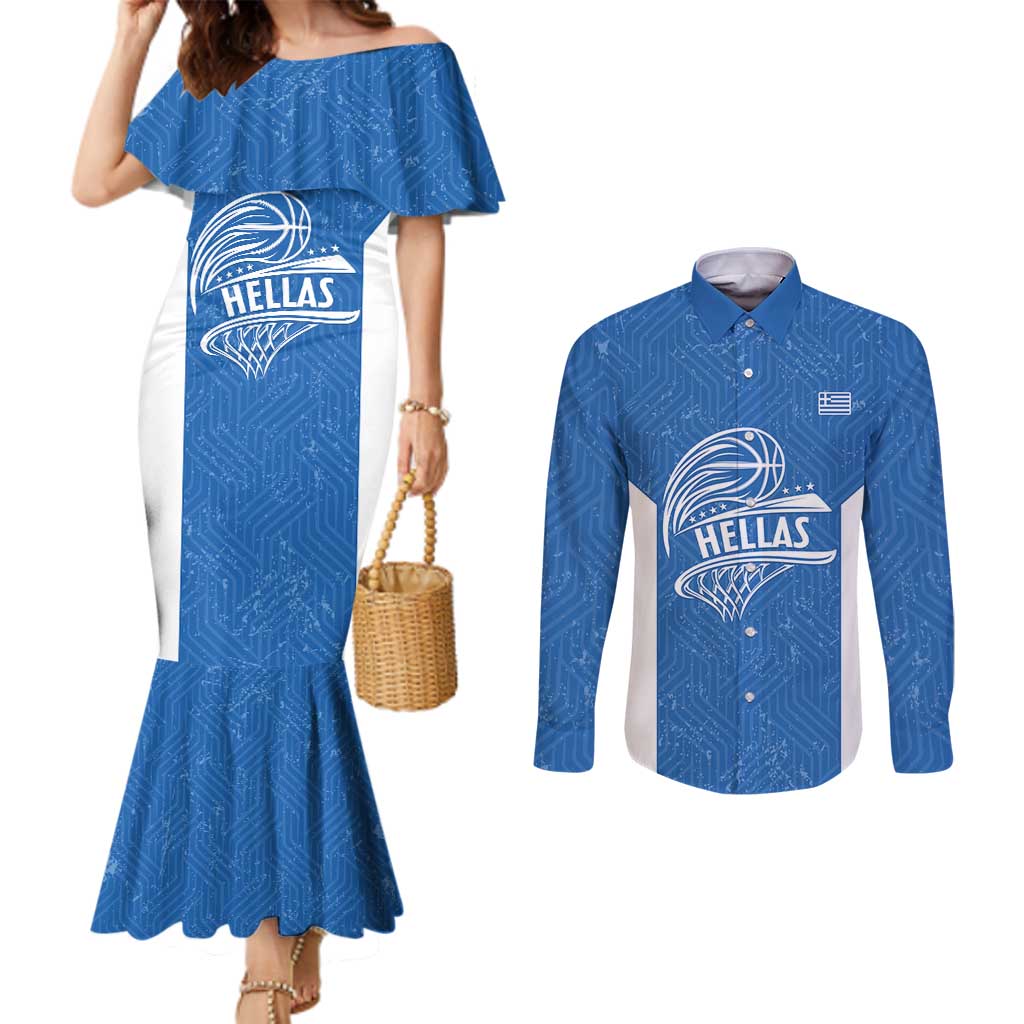 Greece Basketball Custom Couples Matching Mermaid Dress and Long Sleeve Button Shirt Go Hellas Blue Version - Wonder Print Shop