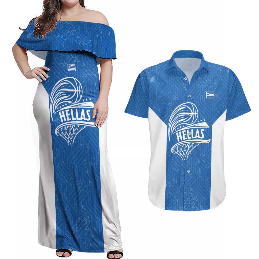 Greece Basketball Custom Couples Matching Off Shoulder Maxi Dress and Hawaiian Shirt Go Hellas Blue Version - Wonder Print Shop
