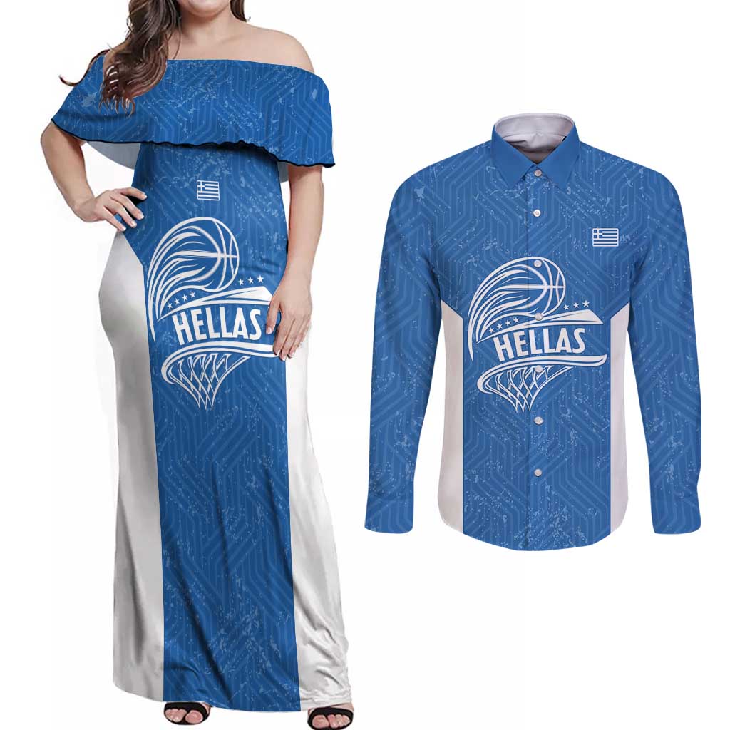 Greece Basketball Custom Couples Matching Off Shoulder Maxi Dress and Long Sleeve Button Shirt Go Hellas Blue Version - Wonder Print Shop