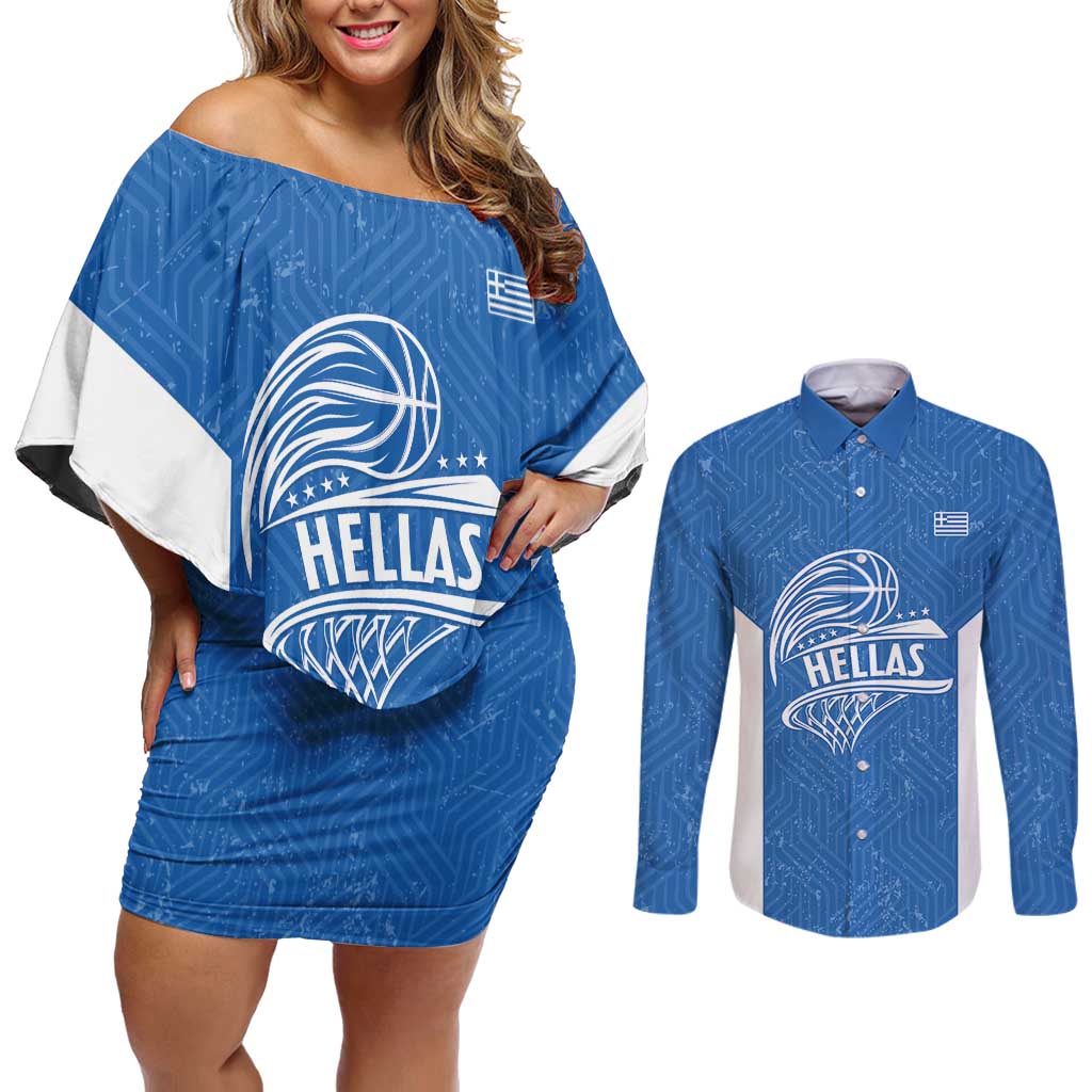 Greece Basketball Custom Couples Matching Off Shoulder Short Dress and Long Sleeve Button Shirt Go Hellas Blue Version - Wonder Print Shop