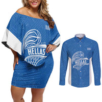 Greece Basketball Custom Couples Matching Off Shoulder Short Dress and Long Sleeve Button Shirt Go Hellas Blue Version - Wonder Print Shop