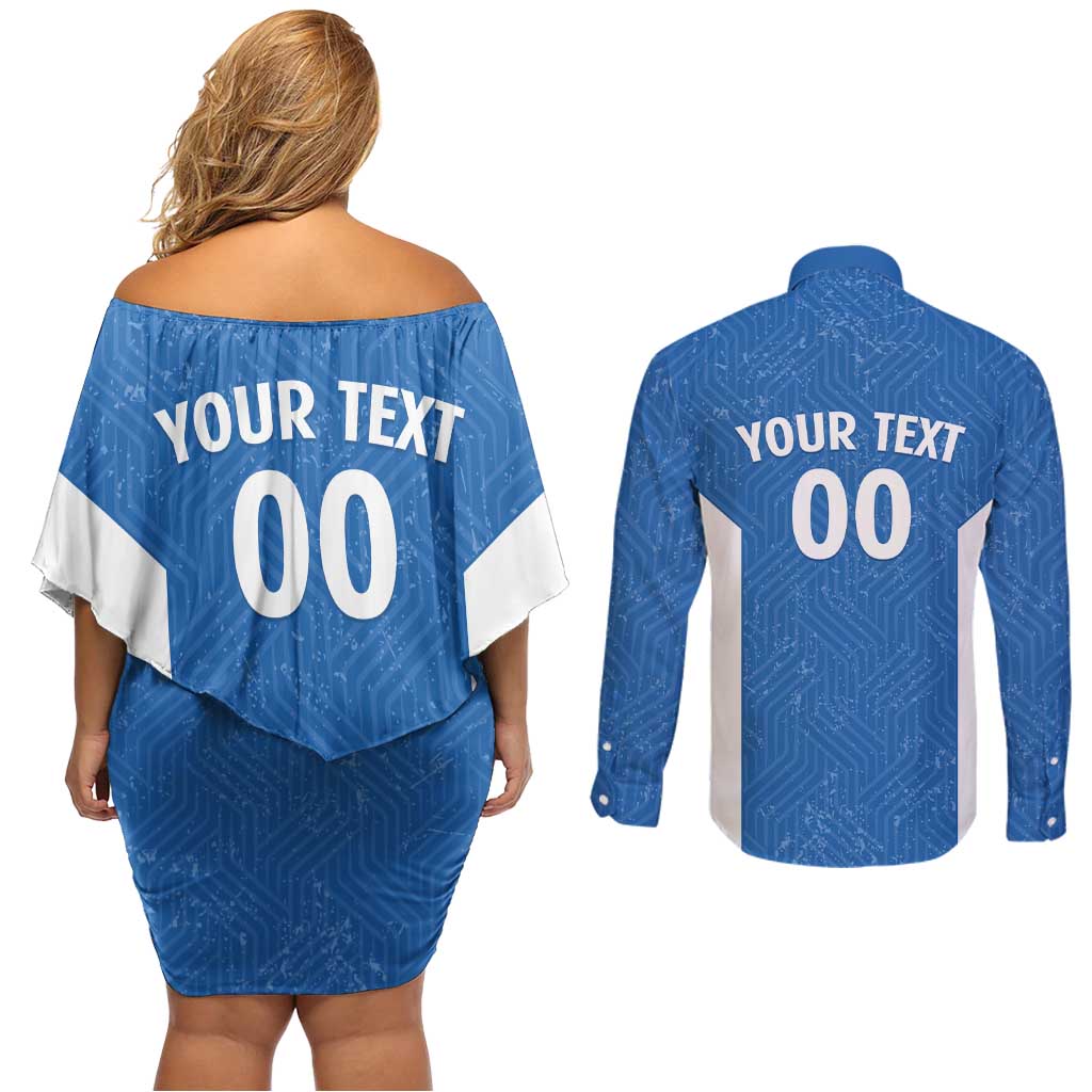 Greece Basketball Custom Couples Matching Off Shoulder Short Dress and Long Sleeve Button Shirt Go Hellas Blue Version - Wonder Print Shop