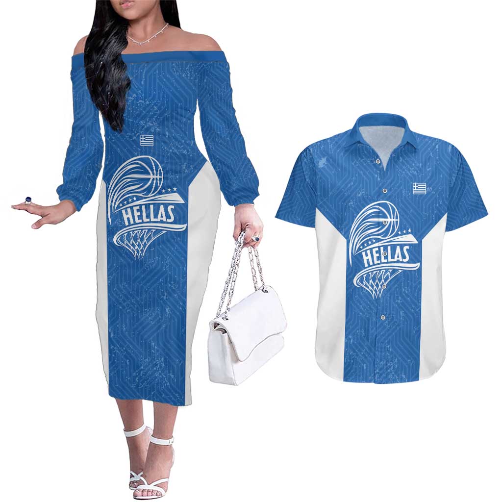 Greece Basketball Custom Couples Matching Off The Shoulder Long Sleeve Dress and Hawaiian Shirt Go Hellas Blue Version - Wonder Print Shop
