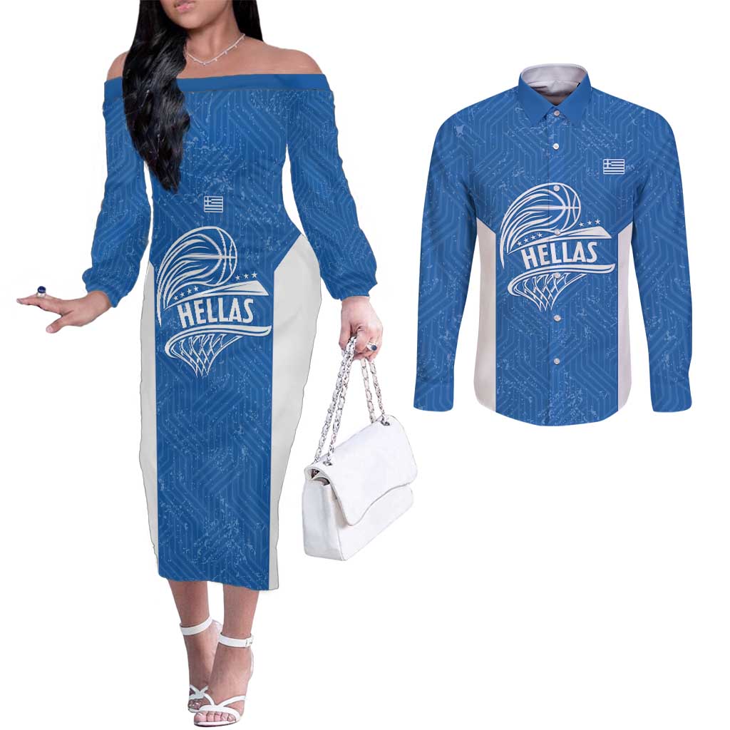 Greece Basketball Custom Couples Matching Off The Shoulder Long Sleeve Dress and Long Sleeve Button Shirt Go Hellas Blue Version - Wonder Print Shop