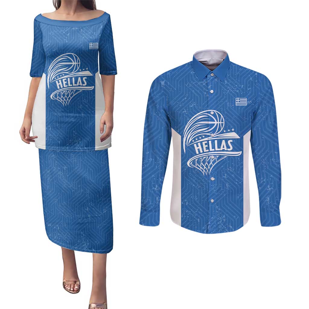 Greece Basketball Custom Couples Matching Puletasi and Long Sleeve Button Shirt Go Hellas Blue Version - Wonder Print Shop