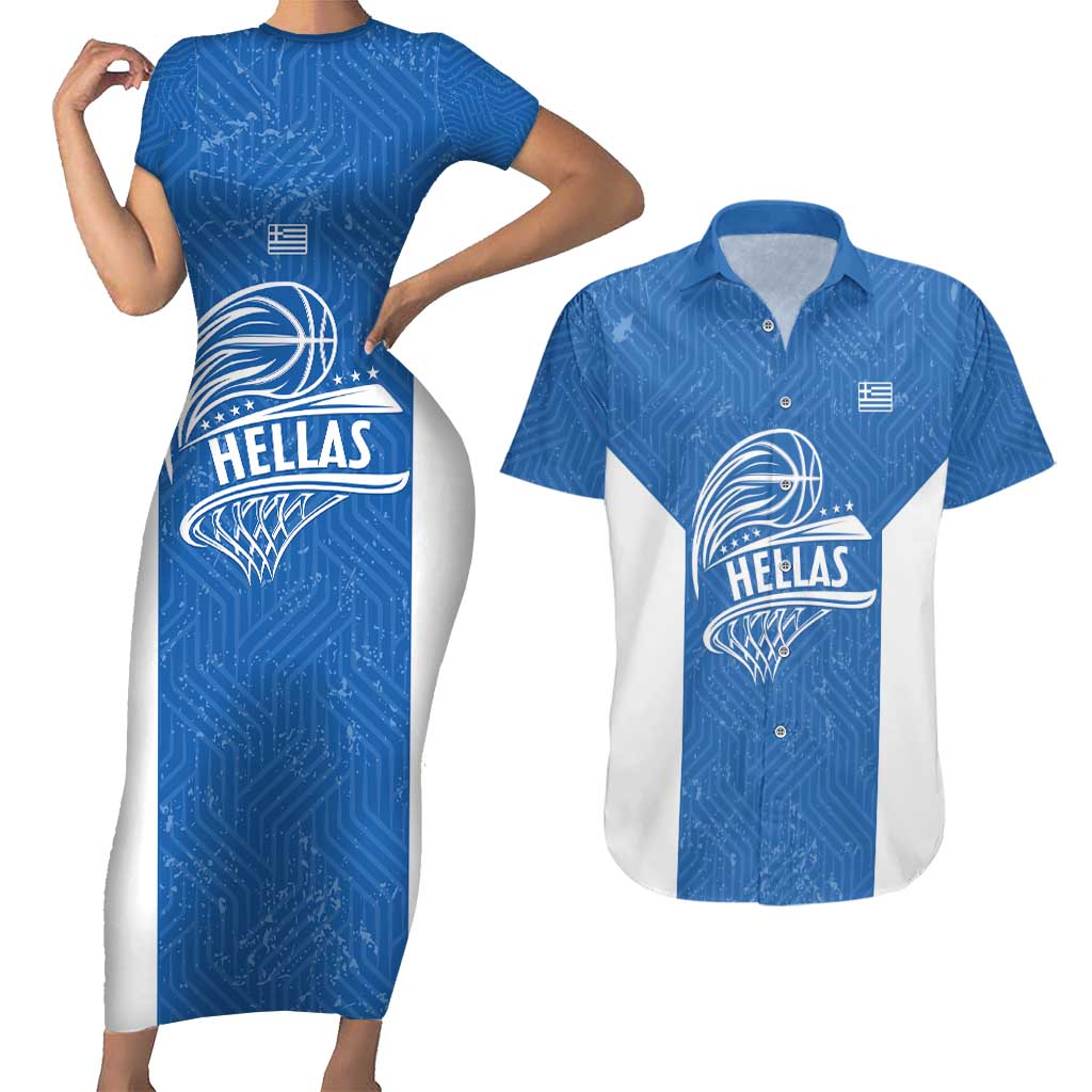 Greece Basketball Custom Couples Matching Short Sleeve Bodycon Dress and Hawaiian Shirt Go Hellas Blue Version - Wonder Print Shop