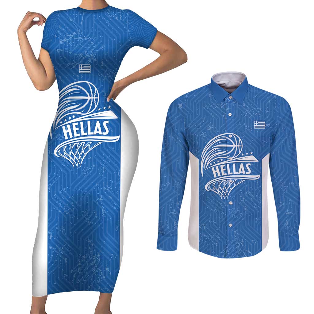 Greece Basketball Custom Couples Matching Short Sleeve Bodycon Dress and Long Sleeve Button Shirt Go Hellas Blue Version - Wonder Print Shop
