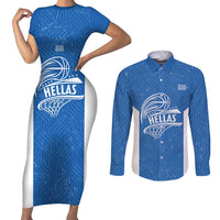 Greece Basketball Custom Couples Matching Short Sleeve Bodycon Dress and Long Sleeve Button Shirt Go Hellas Blue Version - Wonder Print Shop