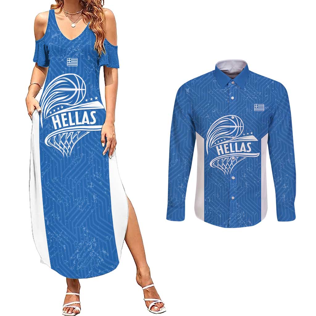 Greece Basketball Custom Couples Matching Summer Maxi Dress and Long Sleeve Button Shirt Go Hellas Blue Version - Wonder Print Shop