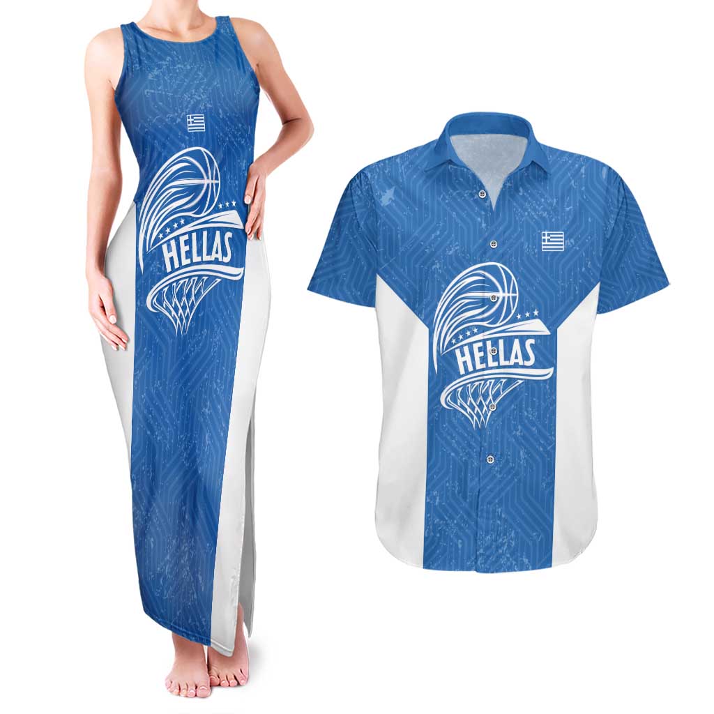 Greece Basketball Custom Couples Matching Tank Maxi Dress and Hawaiian Shirt Go Hellas Blue Version - Wonder Print Shop