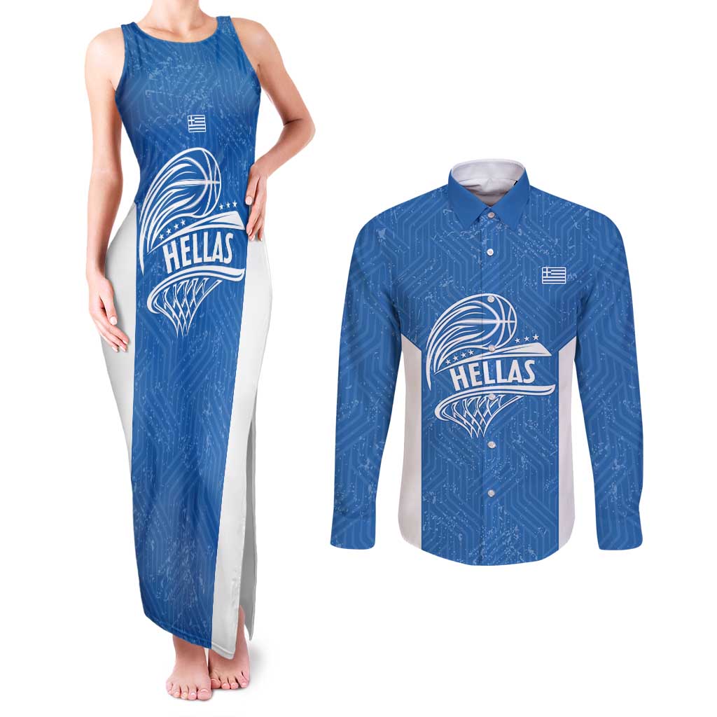 Greece Basketball Custom Couples Matching Tank Maxi Dress and Long Sleeve Button Shirt Go Hellas Blue Version - Wonder Print Shop