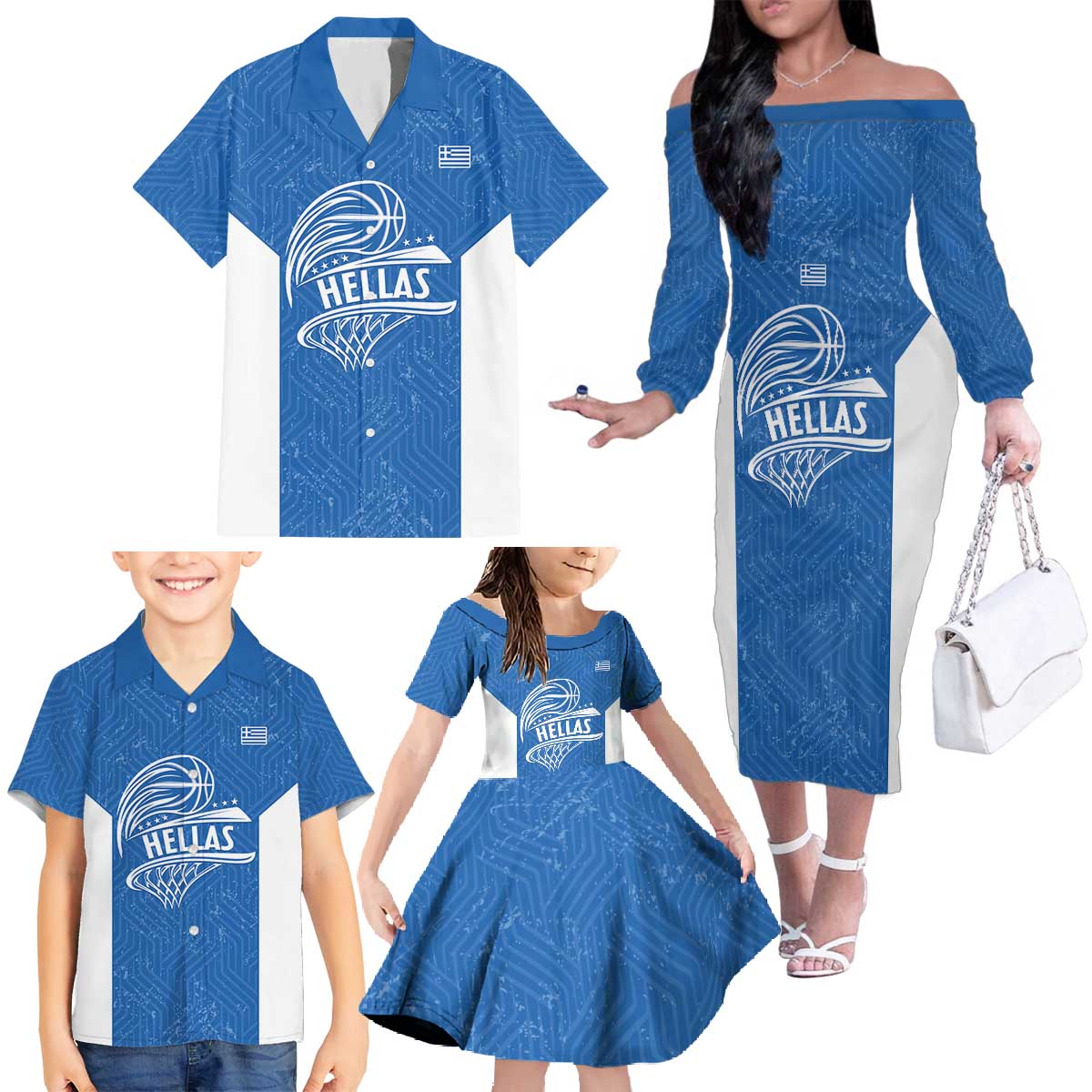 Greece Basketball Custom Family Matching Off The Shoulder Long Sleeve Dress and Hawaiian Shirt Go Hellas Blue Version - Wonder Print Shop