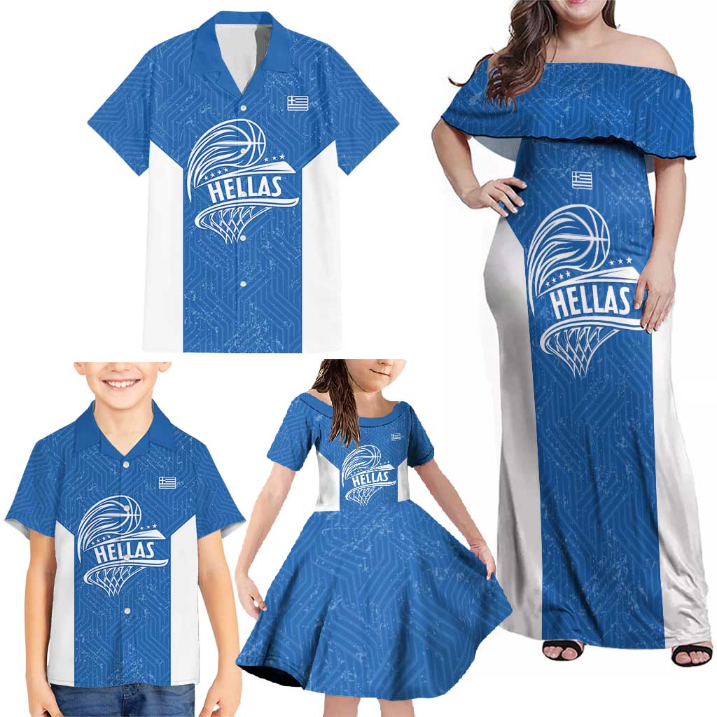 Greece Basketball Custom Family Matching Off Shoulder Maxi Dress and Hawaiian Shirt Go Hellas Blue Version - Wonder Print Shop