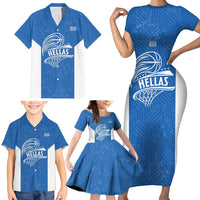 Greece Basketball Custom Family Matching Short Sleeve Bodycon Dress and Hawaiian Shirt Go Hellas Blue Version - Wonder Print Shop