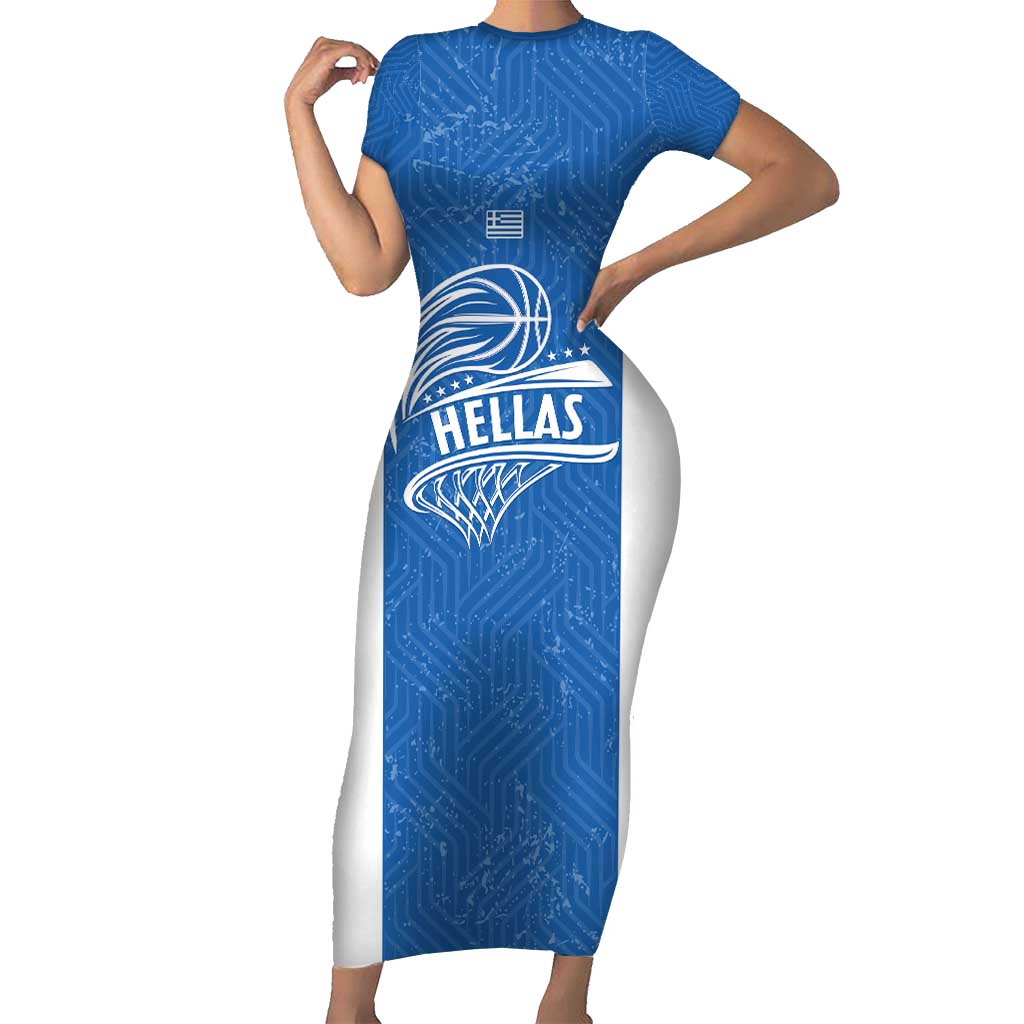 Greece Basketball Custom Short Sleeve Bodycon Dress Go Hellas Blue Version - Wonder Print Shop