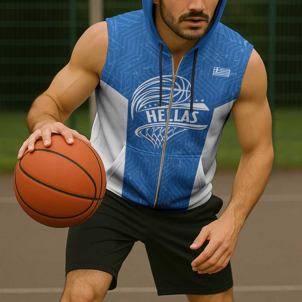 Greece Basketball Custom Sleeveless Zip Hoodie Go Hellas Blue Version - Wonder Print Shop