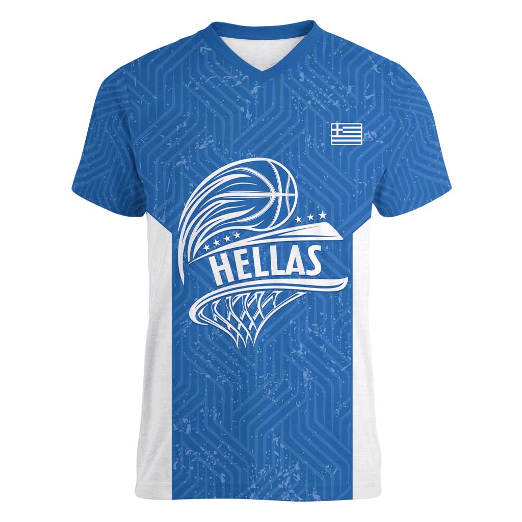 Greece Basketball Custom Women V-Neck T-Shirt Go Hellas Blue Version - Wonder Print Shop