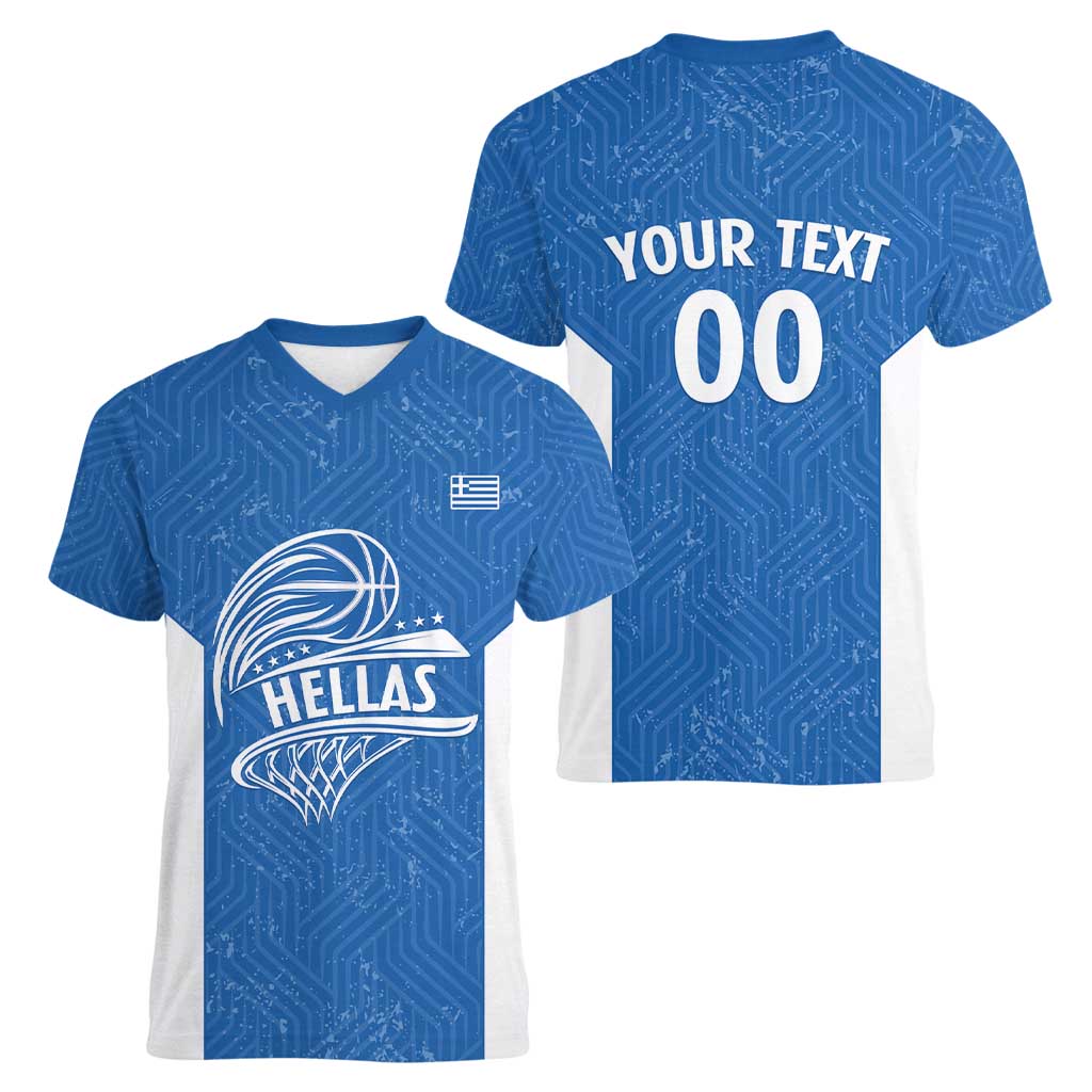 Greece Basketball Custom Women V-Neck T-Shirt Go Hellas Blue Version - Wonder Print Shop