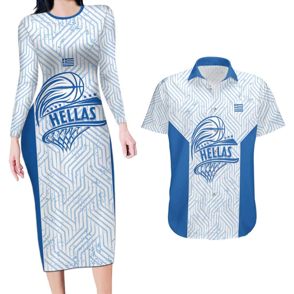 Hellas Basketball Custom Couples Matching Long Sleeve Bodycon Dress and Hawaiian Shirt Go Greece White Version - Wonder Print Shop