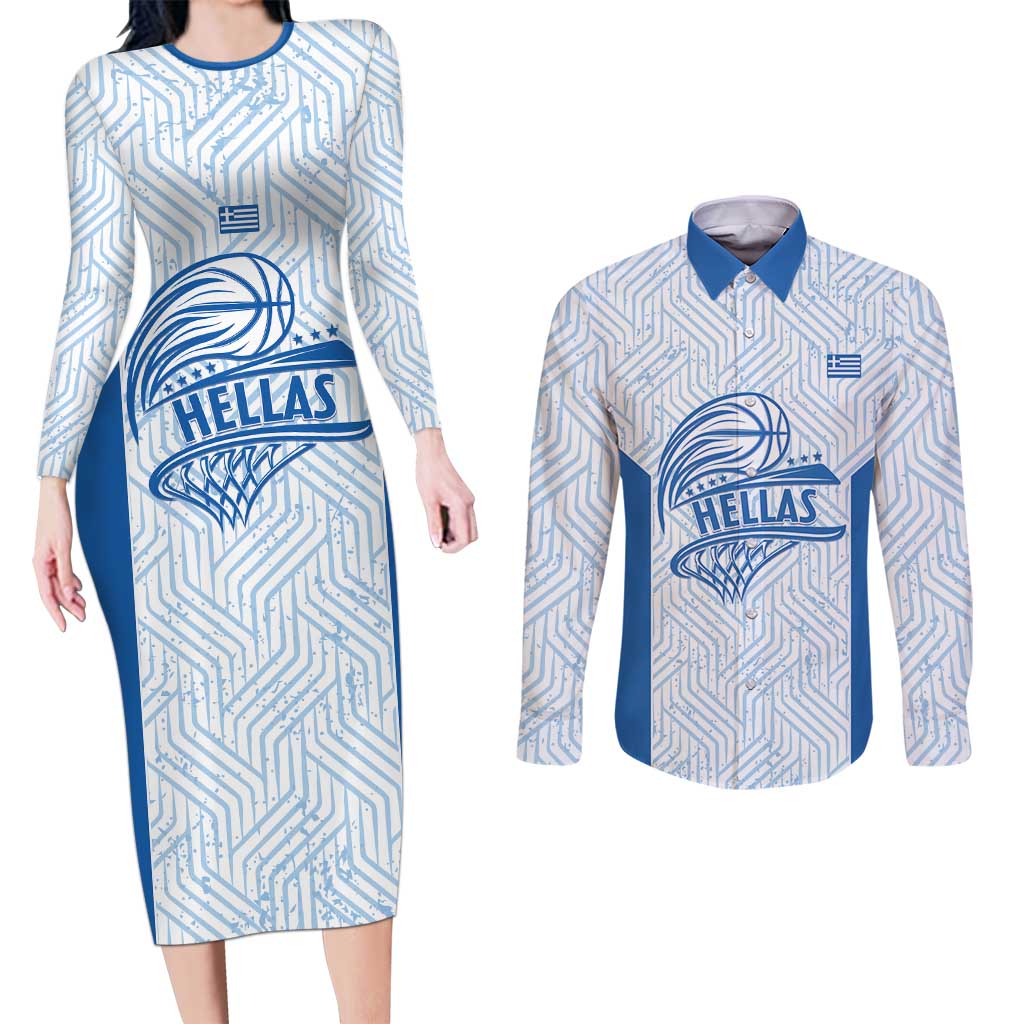 Hellas Basketball Custom Couples Matching Long Sleeve Bodycon Dress and Long Sleeve Button Shirt Go Greece White Version - Wonder Print Shop