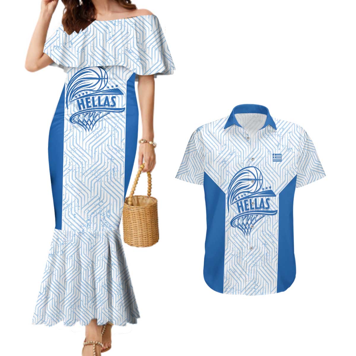 Hellas Basketball Custom Couples Matching Mermaid Dress and Hawaiian Shirt Go Greece White Version - Wonder Print Shop
