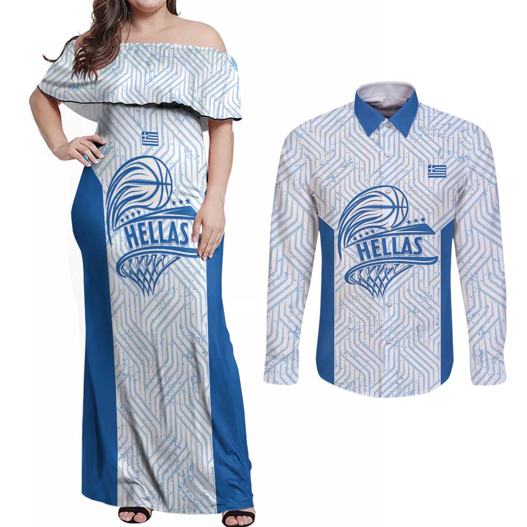 Hellas Basketball Custom Couples Matching Off Shoulder Maxi Dress and Long Sleeve Button Shirt Go Greece White Version - Wonder Print Shop