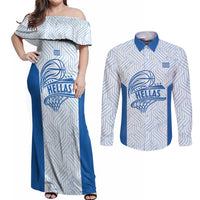 Hellas Basketball Custom Couples Matching Off Shoulder Maxi Dress and Long Sleeve Button Shirt Go Greece White Version - Wonder Print Shop