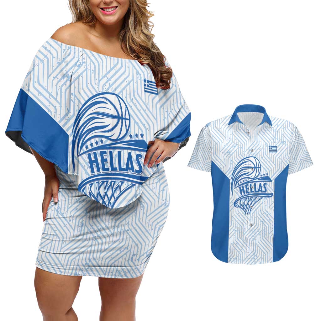 Hellas Basketball Custom Couples Matching Off Shoulder Short Dress and Hawaiian Shirt Go Greece White Version - Wonder Print Shop