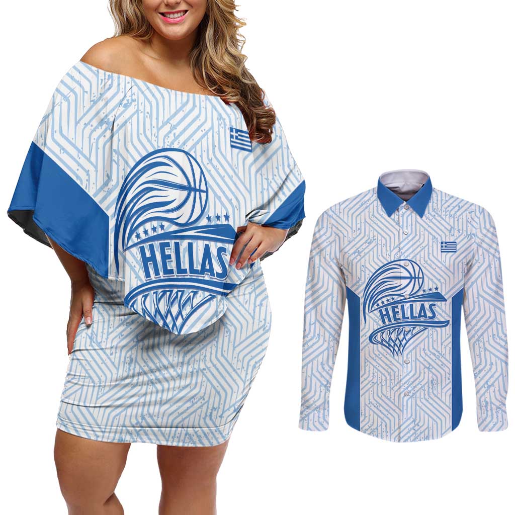 Hellas Basketball Custom Couples Matching Off Shoulder Short Dress and Long Sleeve Button Shirt Go Greece White Version - Wonder Print Shop