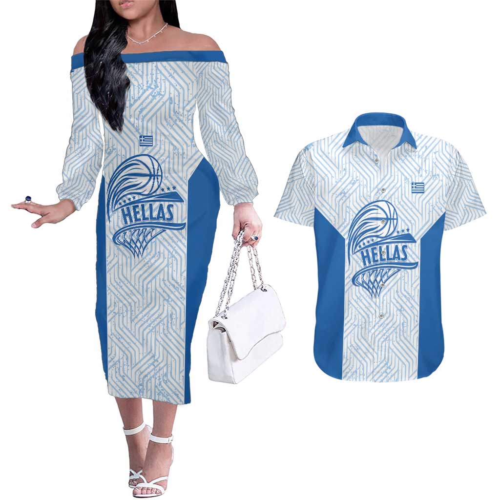 Hellas Basketball Custom Couples Matching Off The Shoulder Long Sleeve Dress and Hawaiian Shirt Go Greece White Version - Wonder Print Shop