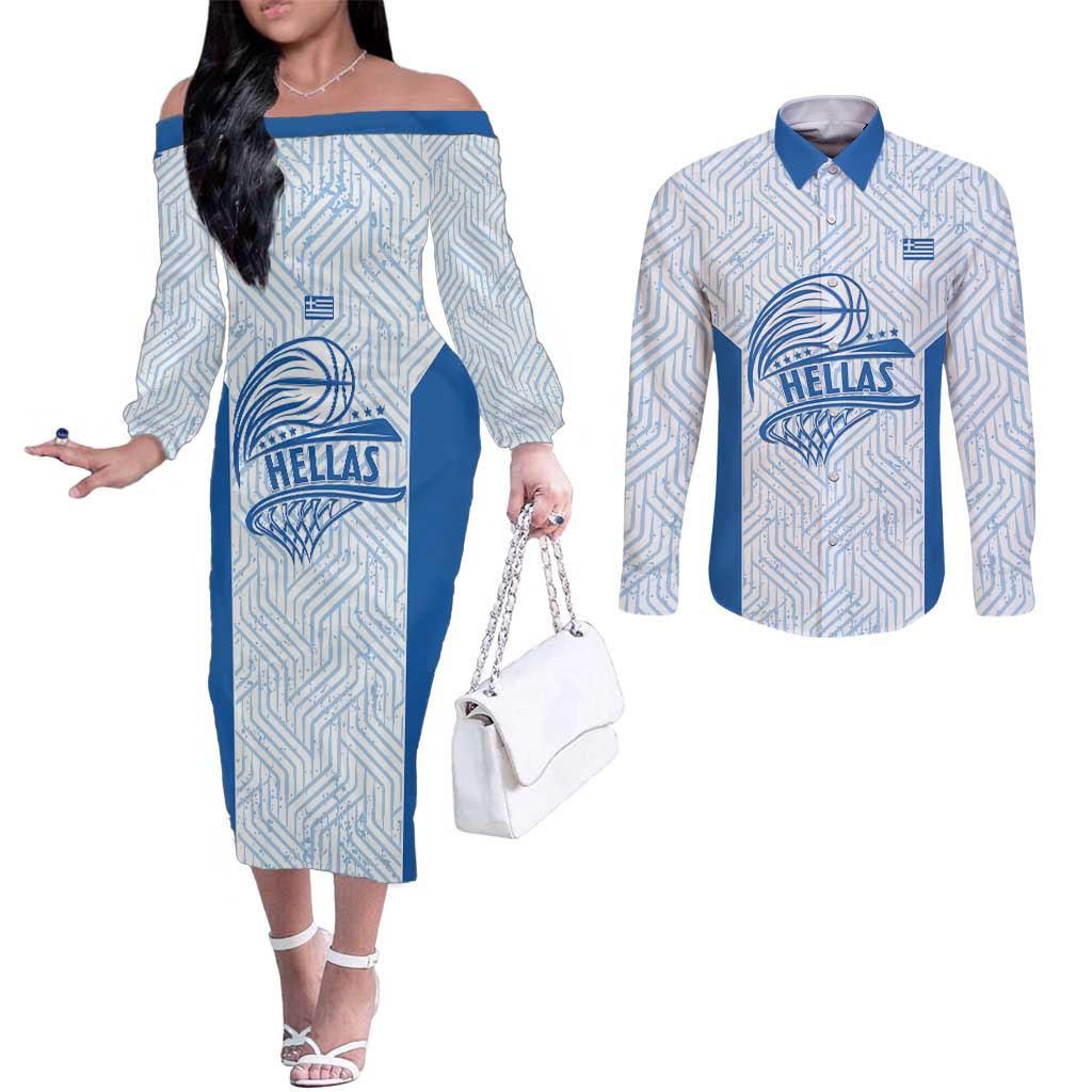 Hellas Basketball Custom Couples Matching Off The Shoulder Long Sleeve Dress and Long Sleeve Button Shirt Go Greece White Version - Wonder Print Shop