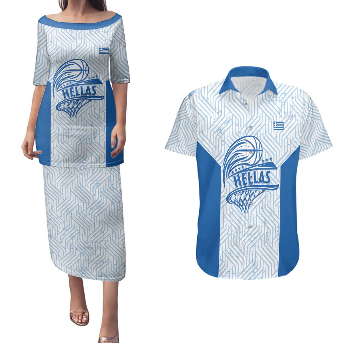 Hellas Basketball Custom Couples Matching Puletasi and Hawaiian Shirt Go Greece White Version - Wonder Print Shop