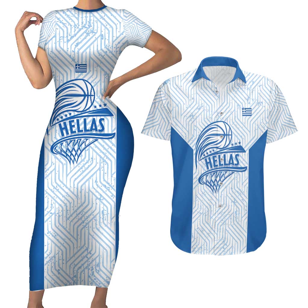 Hellas Basketball Custom Couples Matching Short Sleeve Bodycon Dress and Hawaiian Shirt Go Greece White Version - Wonder Print Shop