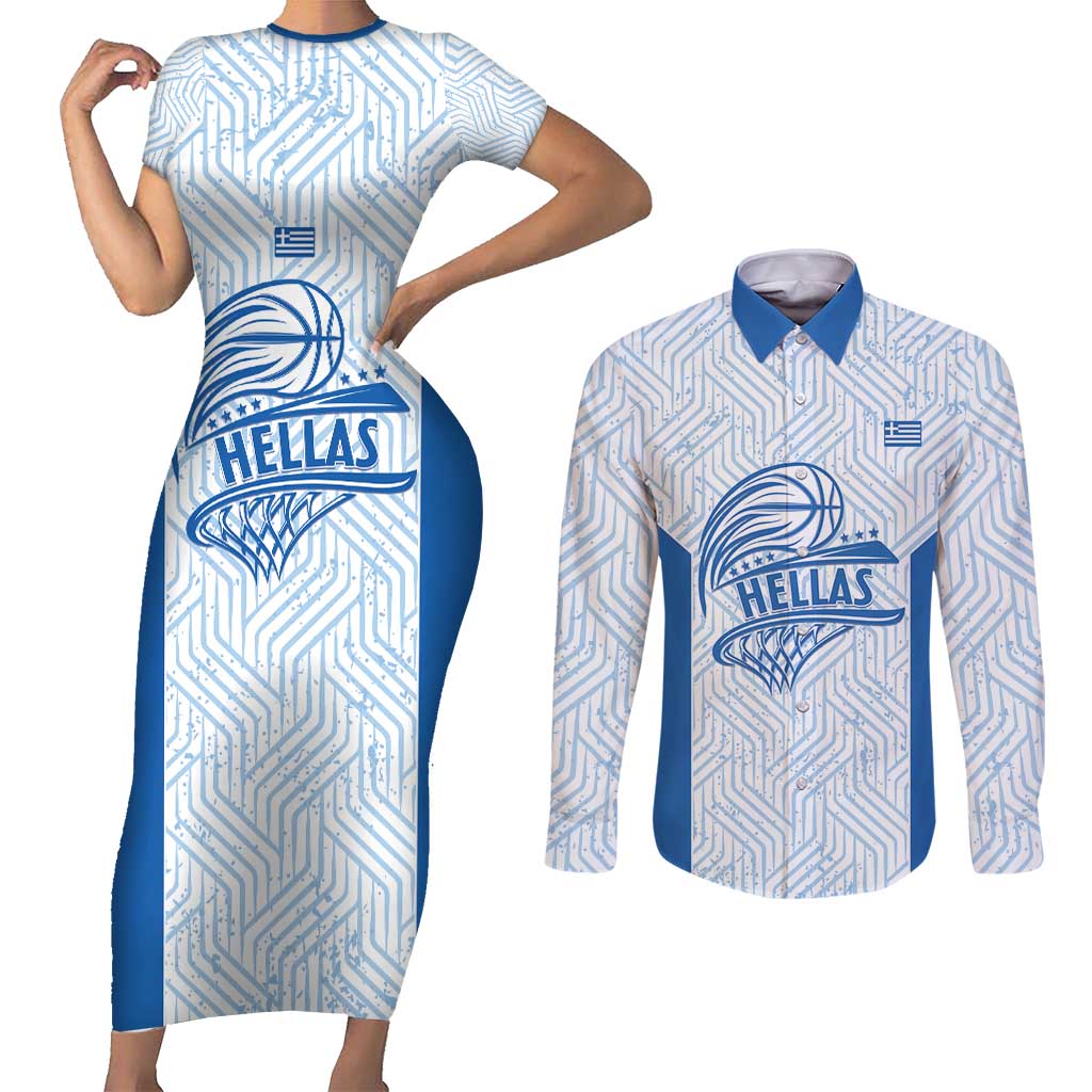 Hellas Basketball Custom Couples Matching Short Sleeve Bodycon Dress and Long Sleeve Button Shirt Go Greece White Version - Wonder Print Shop