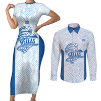 Hellas Basketball Custom Couples Matching Short Sleeve Bodycon Dress and Long Sleeve Button Shirt Go Greece White Version - Wonder Print Shop