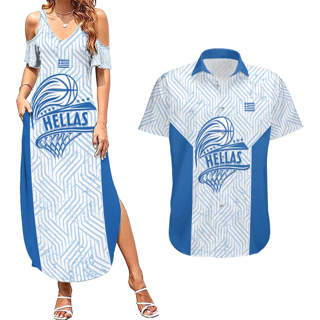 Hellas Basketball Custom Couples Matching Summer Maxi Dress and Hawaiian Shirt Go Greece White Version - Wonder Print Shop