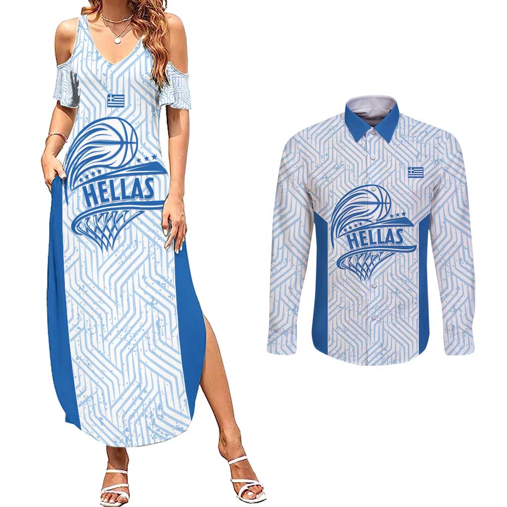 Hellas Basketball Custom Couples Matching Summer Maxi Dress and Long Sleeve Button Shirt Go Greece White Version - Wonder Print Shop