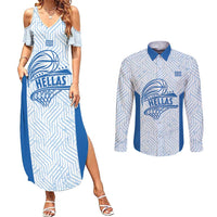 Hellas Basketball Custom Couples Matching Summer Maxi Dress and Long Sleeve Button Shirt Go Greece White Version - Wonder Print Shop