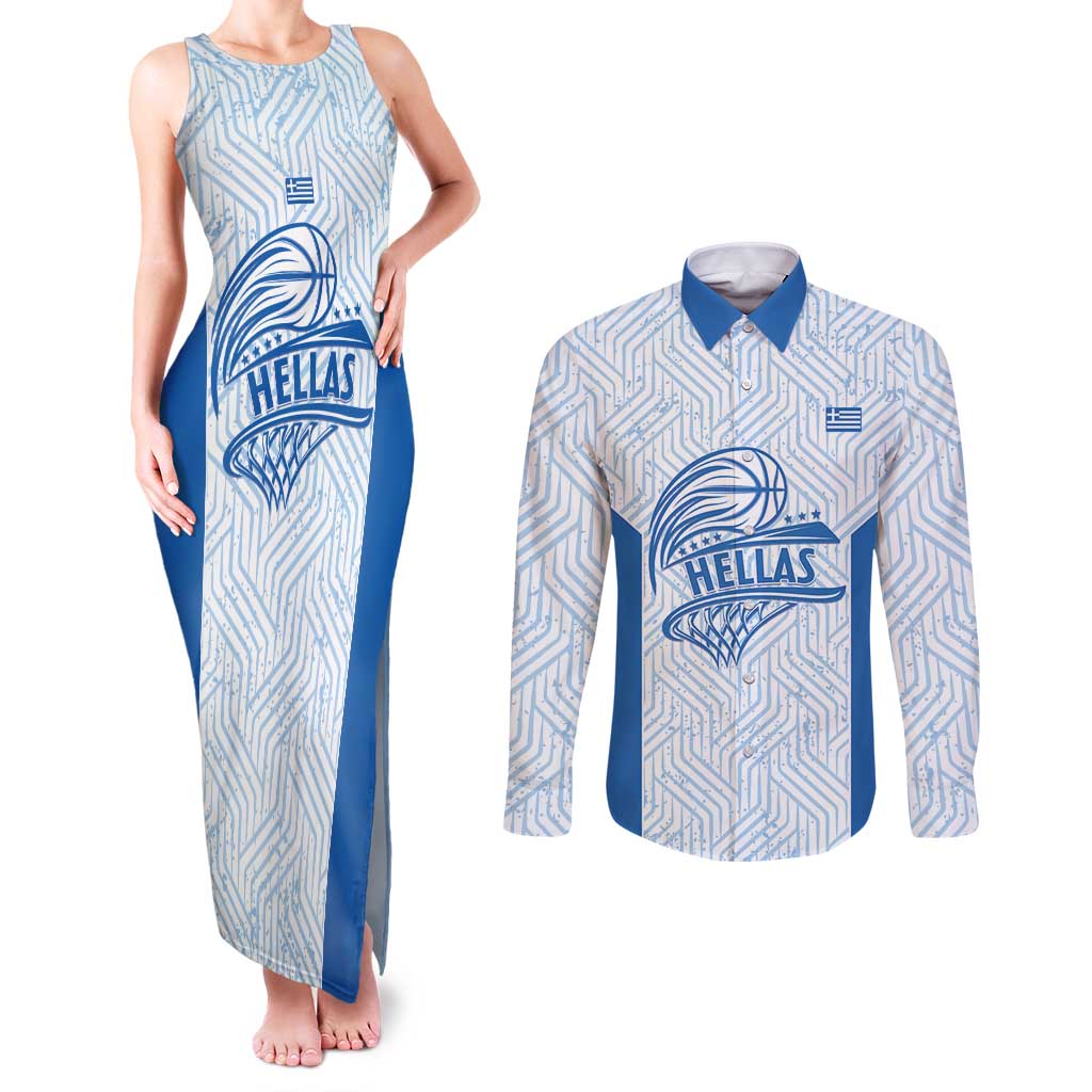 Hellas Basketball Custom Couples Matching Tank Maxi Dress and Long Sleeve Button Shirt Go Greece White Version - Wonder Print Shop