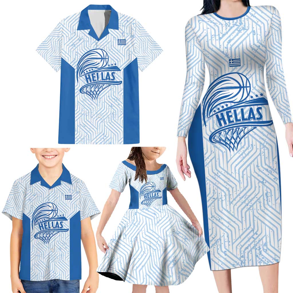 Hellas Basketball Custom Family Matching Long Sleeve Bodycon Dress and Hawaiian Shirt Go Greece White Version - Wonder Print Shop