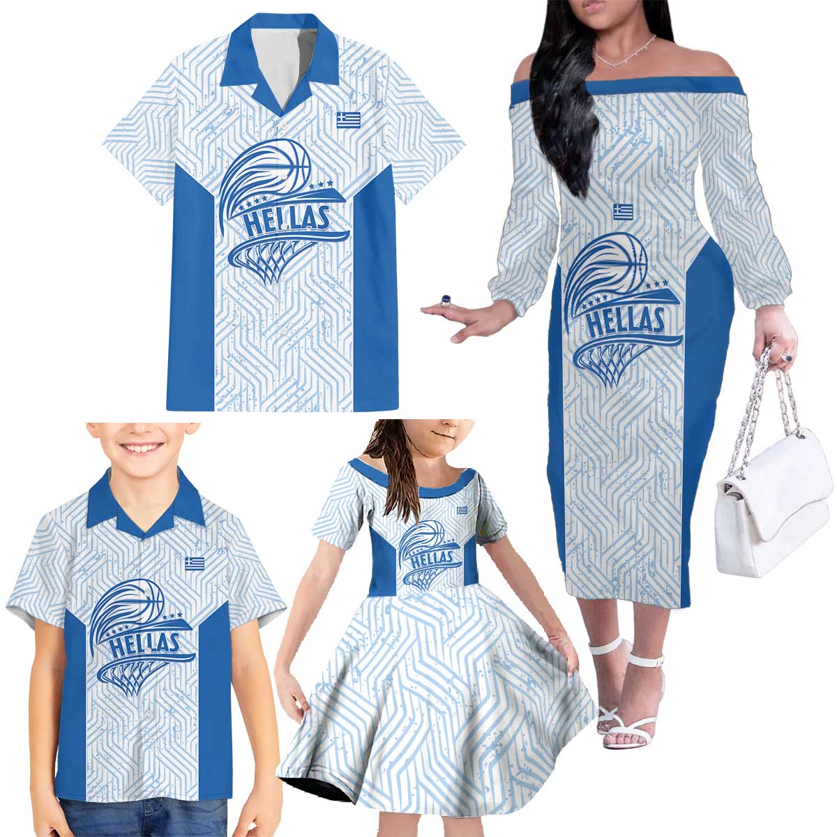 Hellas Basketball Custom Family Matching Off The Shoulder Long Sleeve Dress and Hawaiian Shirt Go Greece White Version - Wonder Print Shop