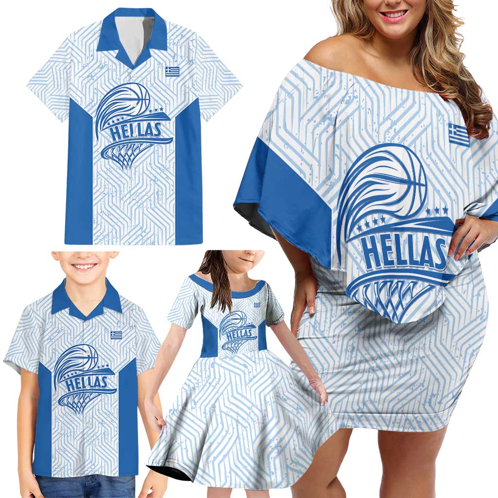 Hellas Basketball Custom Family Matching Off Shoulder Short Dress and Hawaiian Shirt Go Greece White Version - Wonder Print Shop