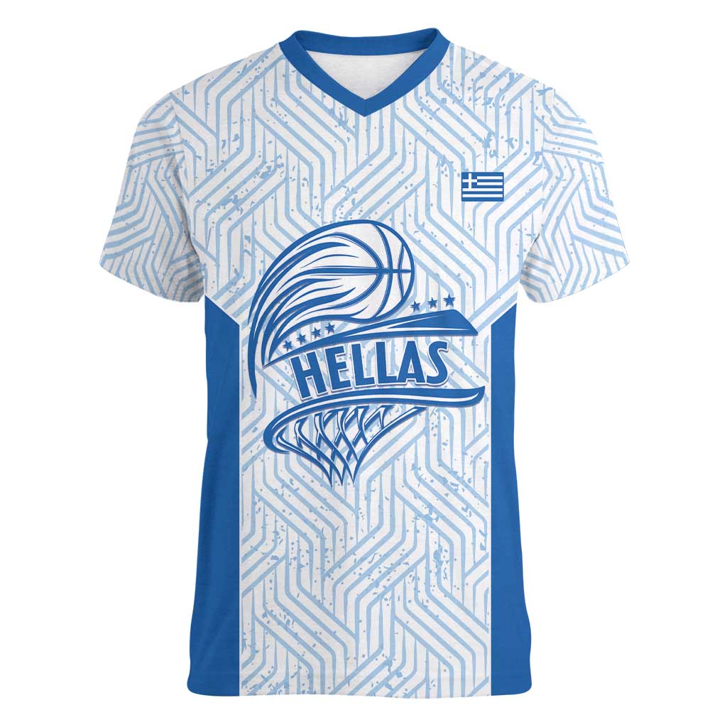 Hellas Basketball Custom Women V-Neck T-Shirt Go Greece White Version - Wonder Print Shop